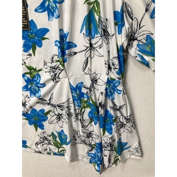 New DG2 Diane Gilman Floral Top Shirt 3/4 Sleeves Blue White Black Floral Ruffle - Picture 10 of 14
